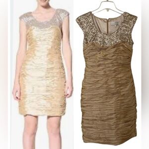 NWT Mikael Aghal Tan Ruched Sheath Dress for Cocktail 2